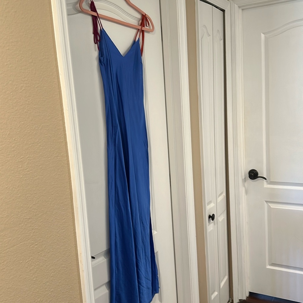 Dannijo silk tie strap blue dress with v cut back and front along w slide slit.